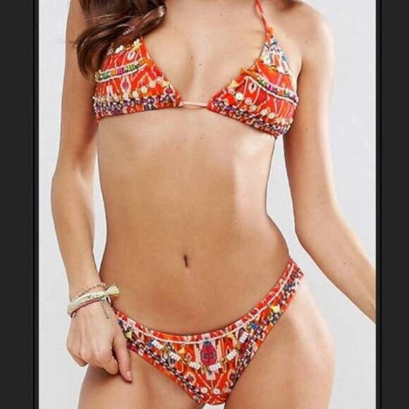 NWT ASOS DESIGN Ikat Print Bead Embellished Trim Bikini Bottom US 12 36DD - Picture 1 of 11